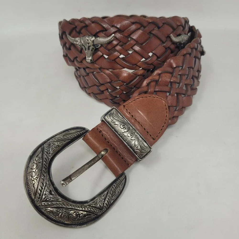 Brown Leather Belt Mens Large Western Cowboy Rodeo Bull Head Engraved Buckle